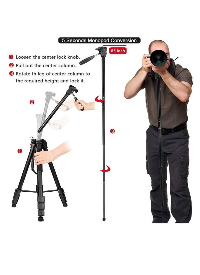 DUSALA Professional Aluminium Tripod Monopod for All DSLR Cameras Lightweight Tripod Stand 360 degree 3 way Head Travel Phone Stand Aluminum (KP-2264)  - Image 2