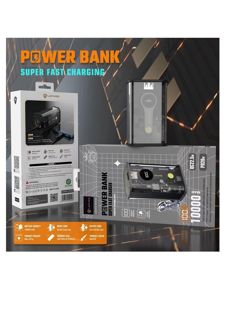 Lenyes 10000mah Super Fast Charging Digital Display Transparent Powerbank 22.5W+ PD20W Nano Power Bank Black - Image 3