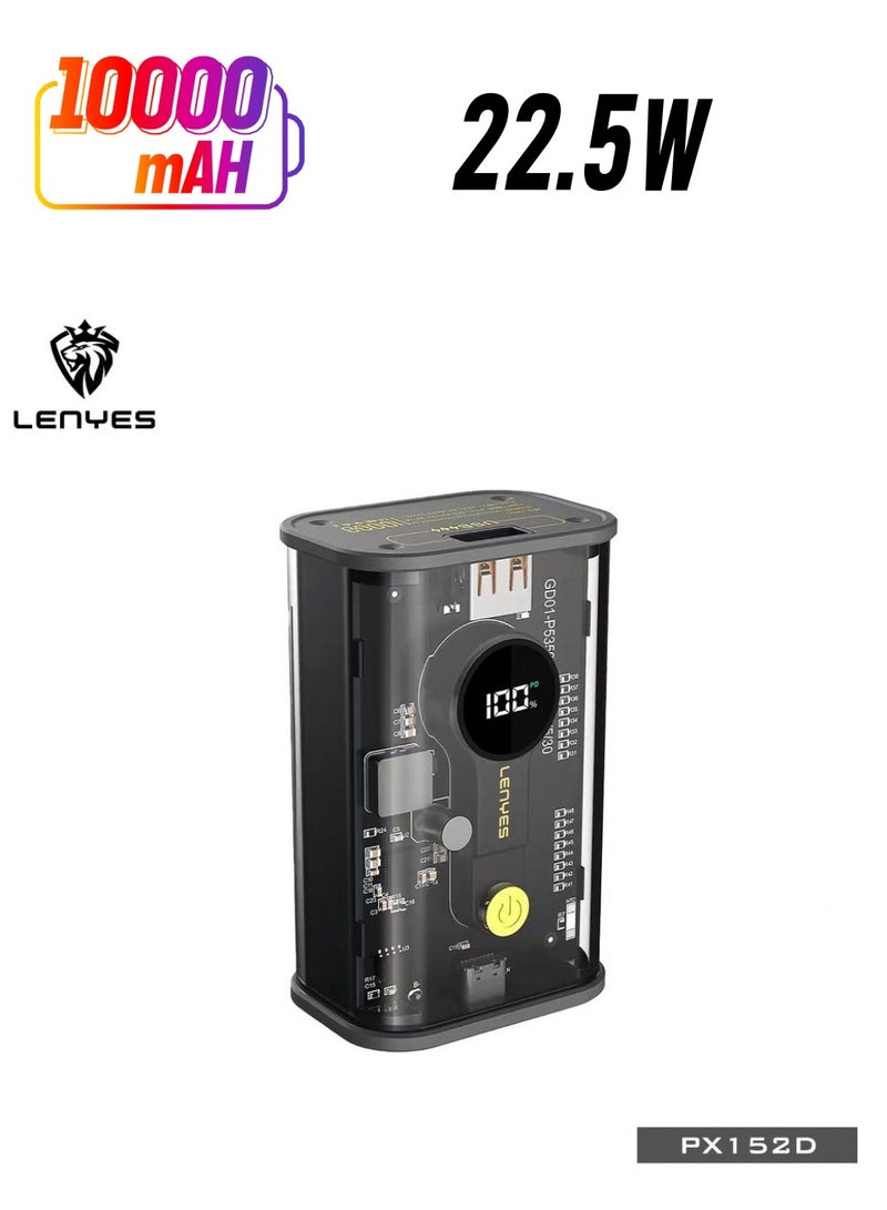 Lenyes 10000mah Super Fast Charging Digital Display Transparent Powerbank 22.5W+ PD20W Nano Power Bank Black - Image 1