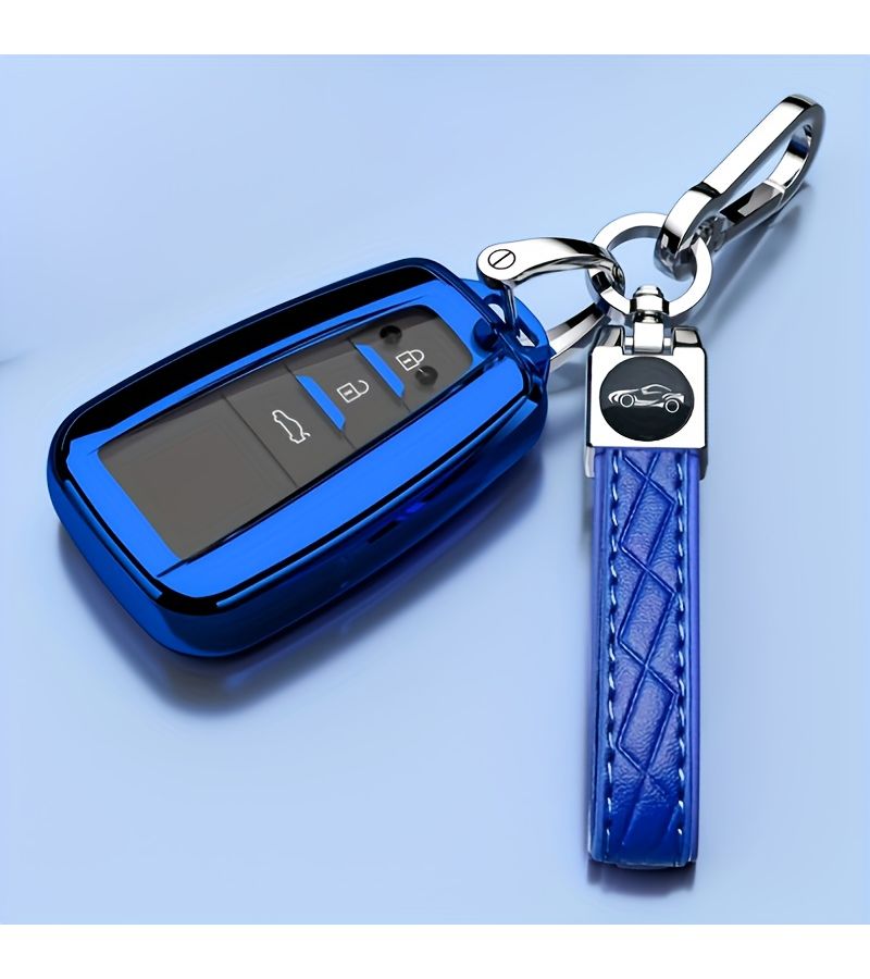 Royal Blue Key Case With Embossed Cord Buckle For Toyota Car Key Cover Vehicle Protection Fit Land Cruiser Camry RAV4 Prado Highlander Corolla - Image 1