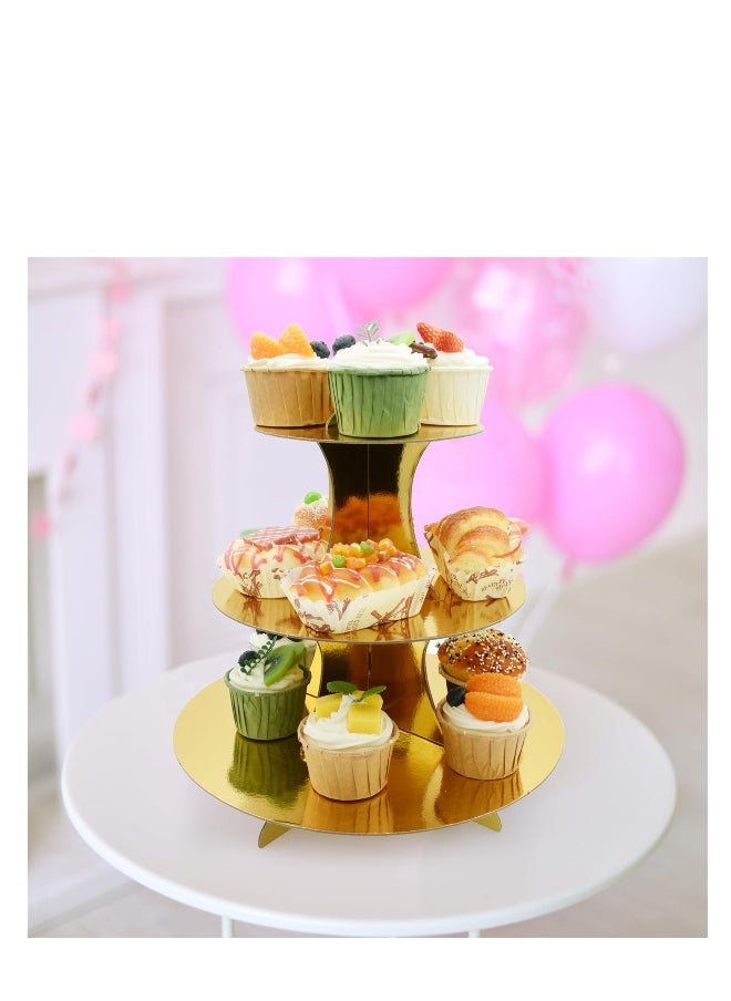 Generic - 3 PCS Cardboard Cupcake Stand 2 Set of 3 Tier Cupcake Stand for 24 Cupcakes and 1 Large Cake Display Serving Tray Cupcake Tower Set for Wedding Baby Shower Birthday Party Decor, Gold - Image 1