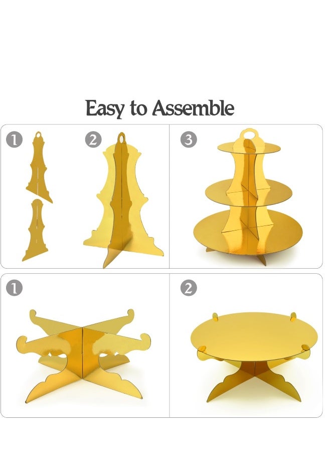 Generic - 3 PCS Cardboard Cupcake Stand 2 Set of 3 Tier Cupcake Stand for 24 Cupcakes and 1 Large Cake Display Serving Tray Cupcake Tower Set for Wedding Baby Shower Birthday Party Decor, Gold - Image 1