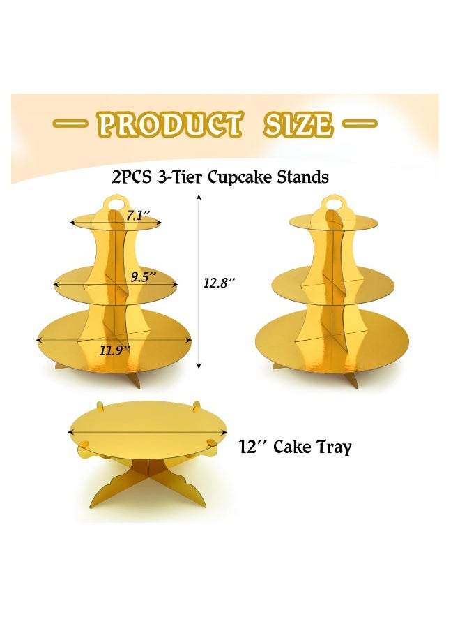 Generic - 3 PCS Cardboard Cupcake Stand 2 Set of 3 Tier Cupcake Stand for 24 Cupcakes and 1 Large Cake Display Serving Tray Cupcake Tower Set for Wedding Baby Shower Birthday Party Decor, Gold - Image 1