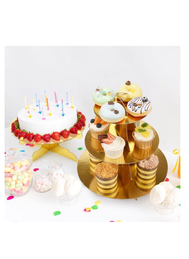 Generic - 3 PCS Cardboard Cupcake Stand 2 Set of 3 Tier Cupcake Stand for 24 Cupcakes and 1 Large Cake Display Serving Tray Cupcake Tower Set for Wedding Baby Shower Birthday Party Decor, Gold - Image 1