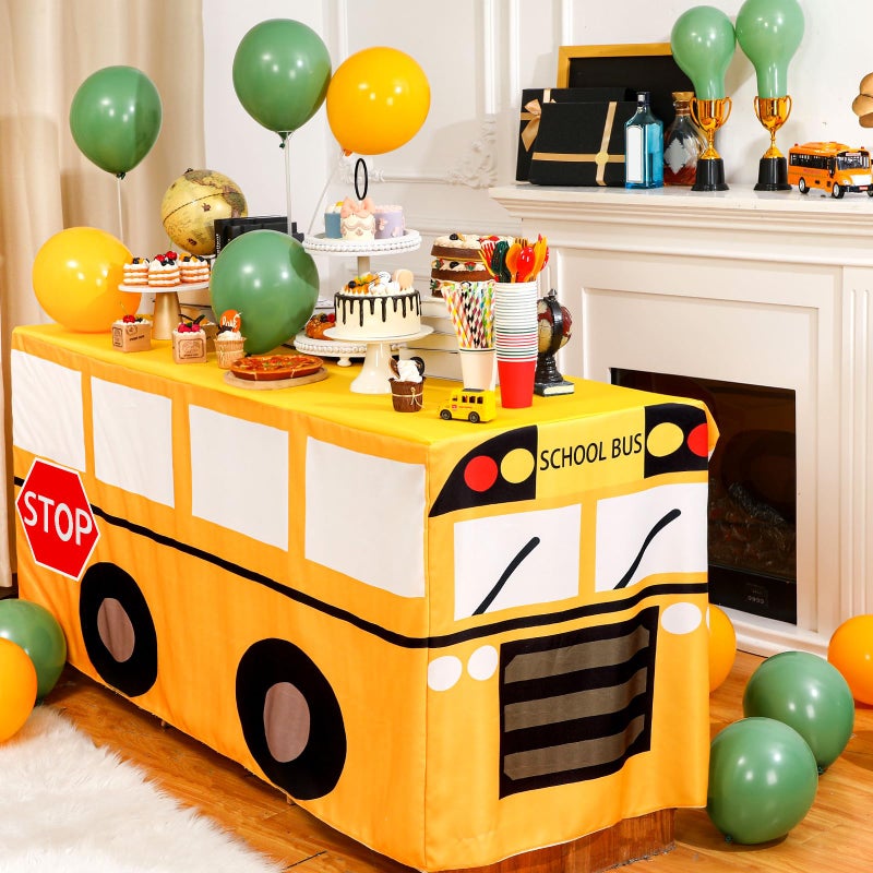 Oudain 6 ft School Bus Tablecloth First Day of Party Table Cover School Bus Theme Teacher Appreciation Party Decoration Washable Fabric Polyester Rectangle Table Cover Protector Birthday Decoration