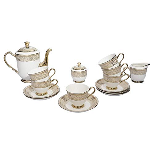 LVOOK Bone China Tea Coffee Cups, Saucers, Kettly and Sugar Pot Set of 15-180 ML, Multicolor (Uber Gold Tea Set) - Image 1