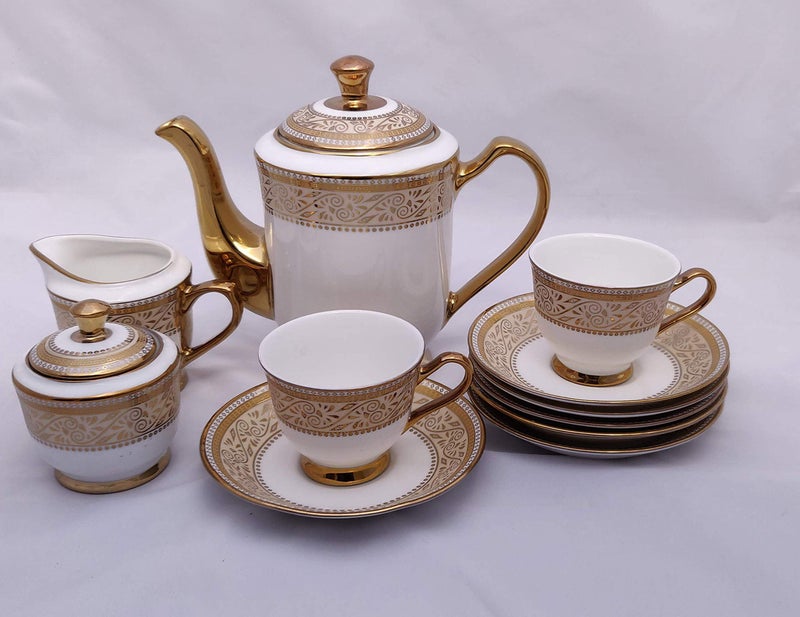 LVOOK Bone China Tea Coffee Cups, Saucers, Kettly and Sugar Pot Set of 15-180 ML, Multicolor (Uber Gold Tea Set) - Image 2
