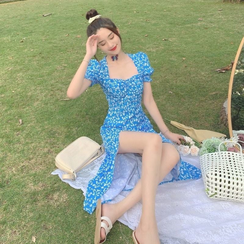 French Split Slip Dress Summer Waist Slim A-Line Color