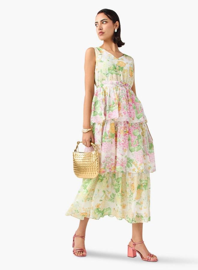 2Xtremz Floral Print Sleeveless Dress with V-neck and Tie-Up Belt - Image 2