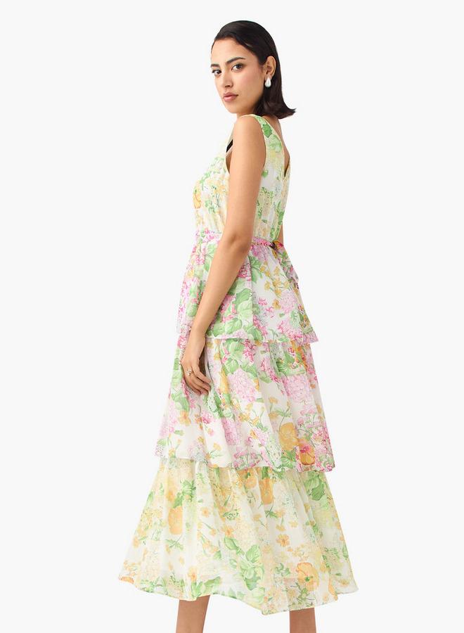 2Xtremz Floral Print Sleeveless Dress with V-neck and Tie-Up Belt - Image 3