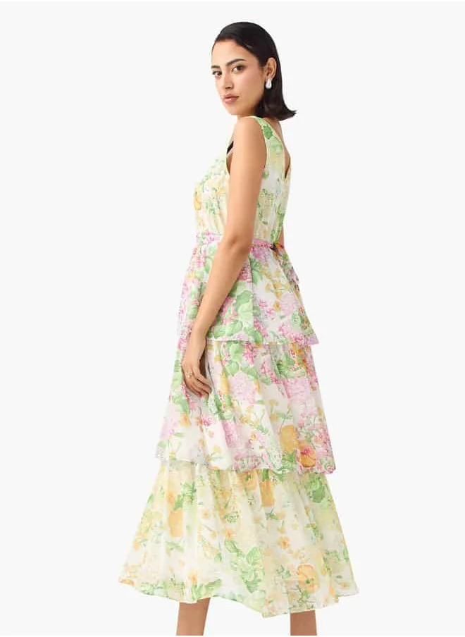 تواكستريمز 2Xtremz Floral Print Sleeveless Dress with V-neck and Tie-Up Belt