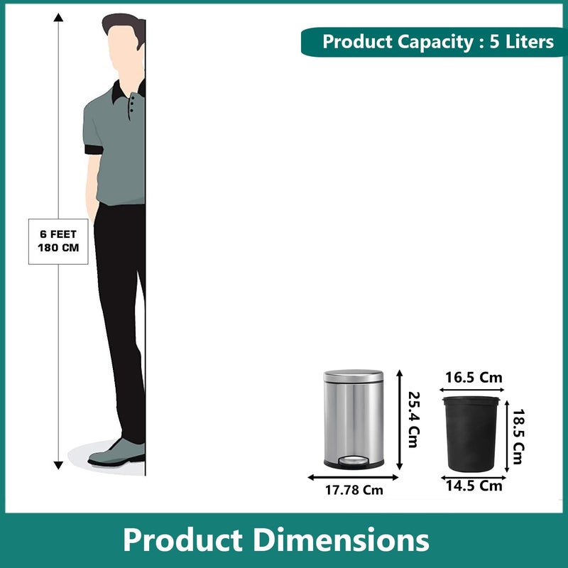 mofna Mofna Stainless Steel Silver Pedal Dustbin Trash can Paper Bin Round Shape use for Home Office Kitchen Bathroom Set of 4 7 x 11 Inch 5 Liter  - Image 2