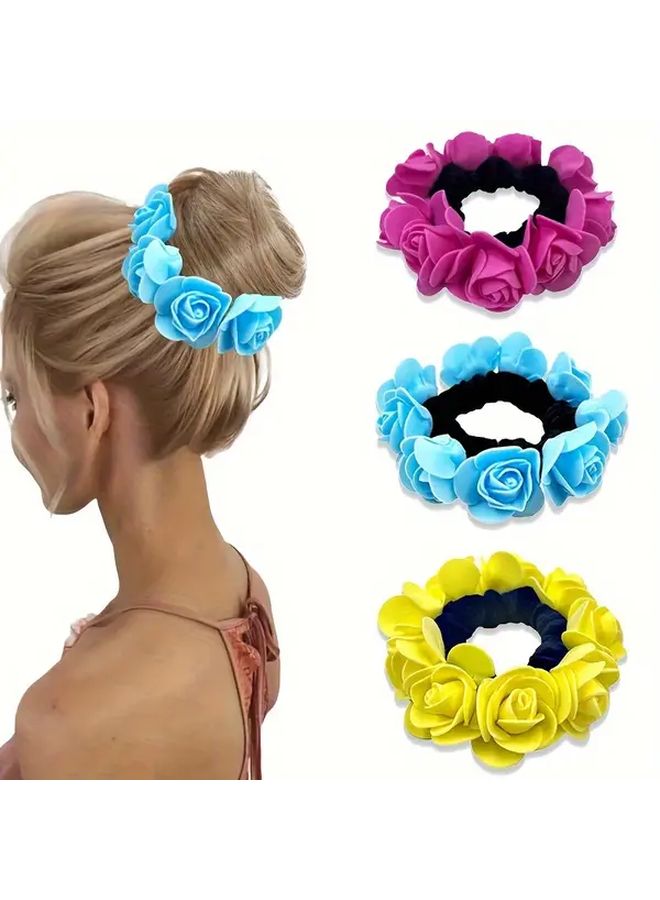 3pcs Mixed Color Bohemian Rose Hair Ties Faux Flower High Elasticity Bridal Wedding Party Hair Accessories Set - Image 2