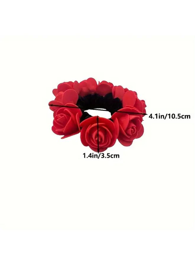 3pcs Mixed Color Bohemian Rose Hair Ties Faux Flower High Elasticity Bridal Wedding Party Hair Accessories Set - Image 3