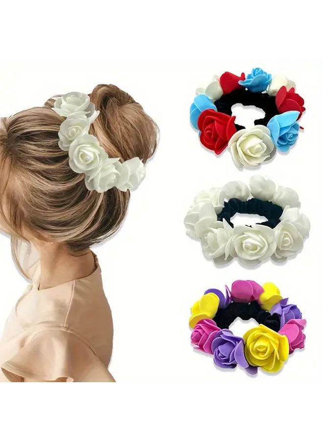 3pcs Mixed Color Bohemian Rose Hair Ties Faux Flower High Elasticity Bridal Wedding Party Hair Accessories Set - Image 1