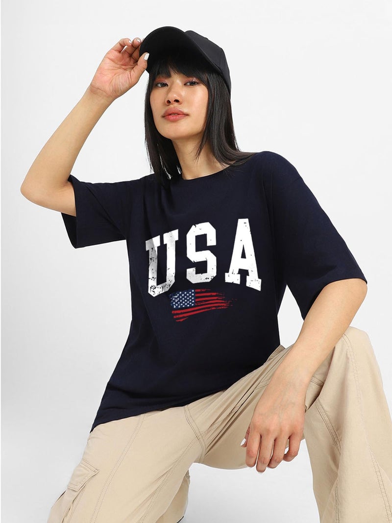 JUNEBERRY® Round Neck Drop Shoulder Round Neck Black & White Graphic Printed Pure Cotton Oversized Baggy Fit Half Sleeve T-Shirt for Women & Girls (GL_OS_USA_NVY_XXL) - Image 5