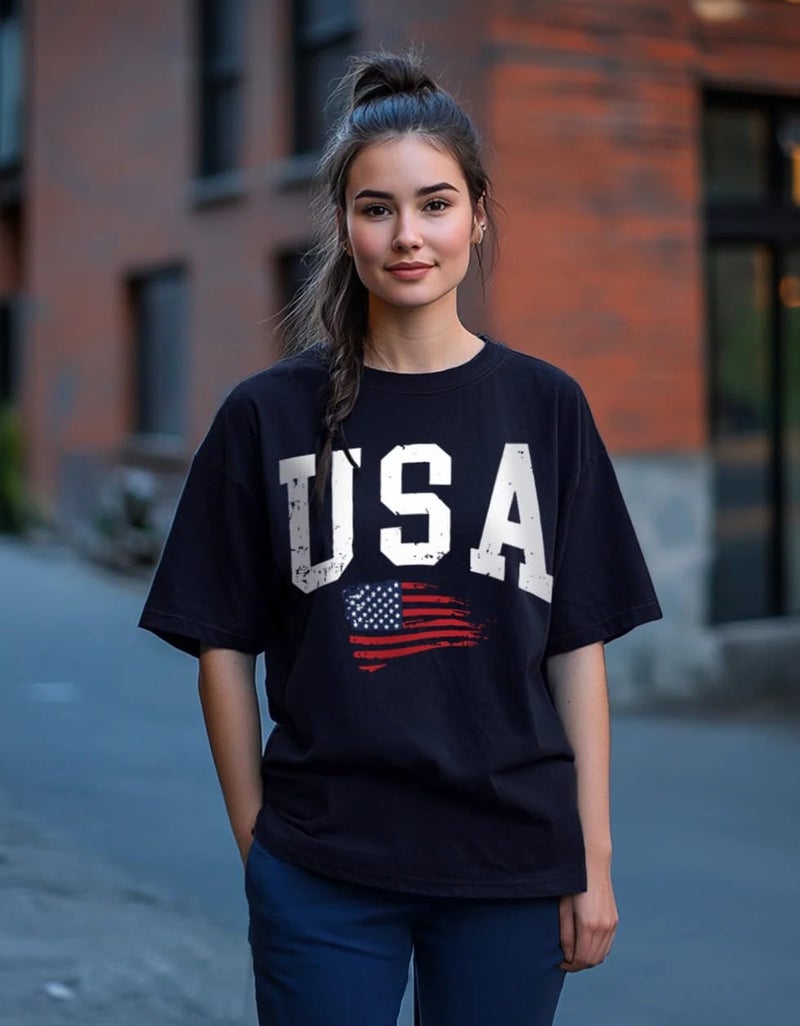 JUNEBERRY® Round Neck Drop Shoulder Round Neck Black & White Graphic Printed Pure Cotton Oversized Baggy Fit Half Sleeve T-Shirt for Women & Girls (GL_OS_USA_NVY_XXL) - Image 2