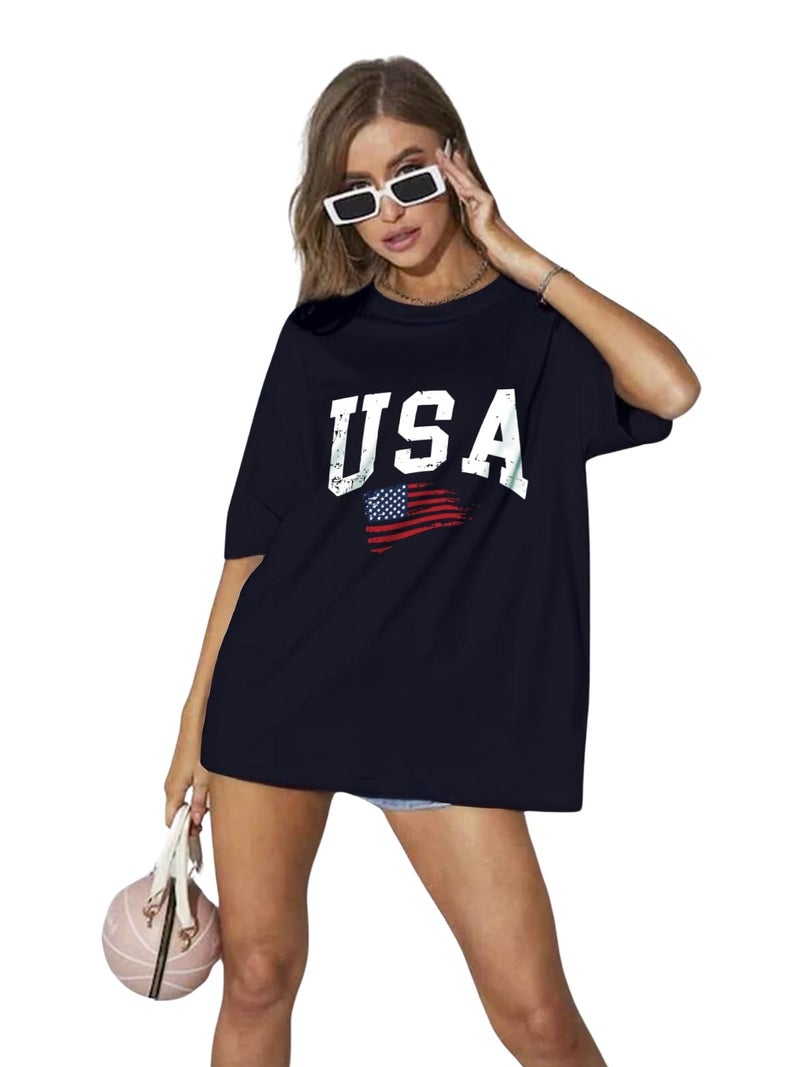 JUNEBERRY® Round Neck Drop Shoulder Round Neck Black & White Graphic Printed Pure Cotton Oversized Baggy Fit Half Sleeve T-Shirt for Women & Girls (GL_OS_USA_NVY_XXL) - Image 1