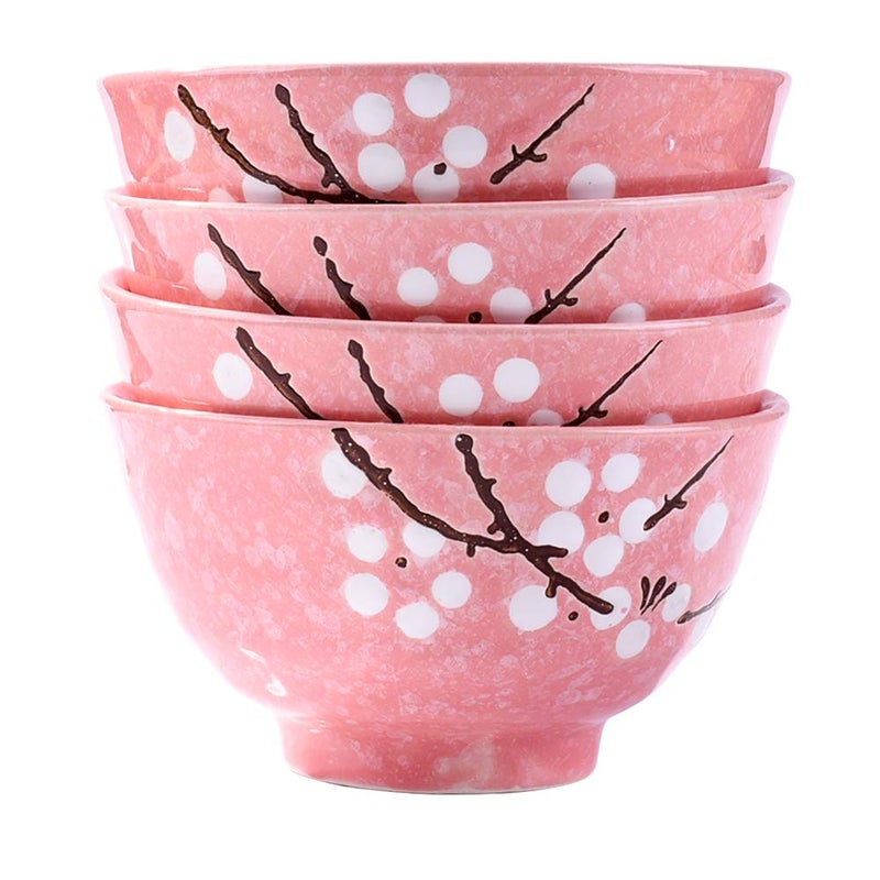 Japanese Rice Bowls Set of 4  Japanese Style Handpainted Pink Plum Ceramic Bowls set of 4 for Dessert Snack Cereal Soup
