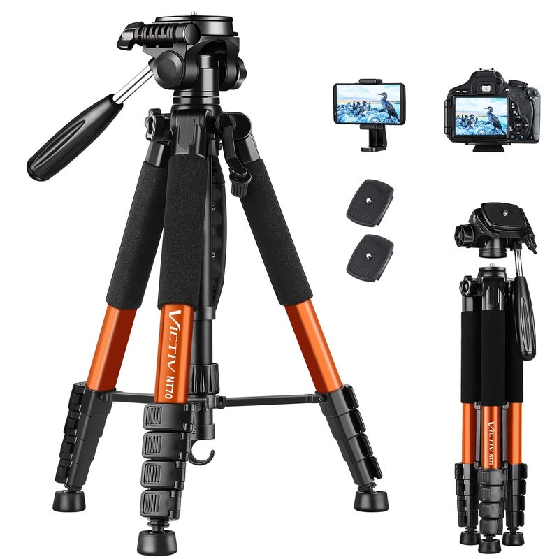 Victiv Camera Tripod 182 cm, Ultraportable Aluminium Travel Tripod with Aupport for Mobile Phone Suitable for YouTuber, Vlogger and Video Calling – Orange - Image 1