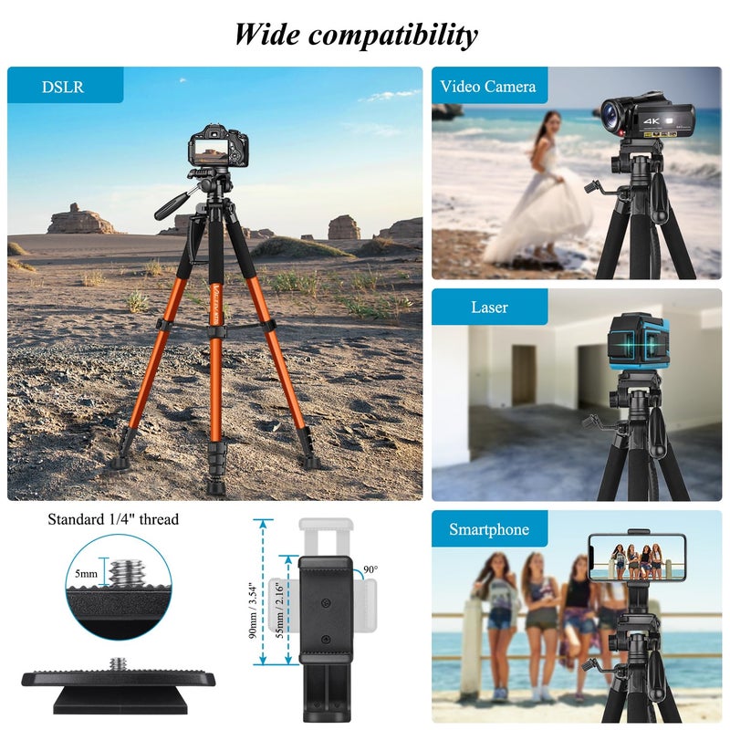 Victiv Camera Tripod 182 cm, Ultraportable Aluminium Travel Tripod with Aupport for Mobile Phone Suitable for YouTuber, Vlogger and Video Calling – Orange - Image 2