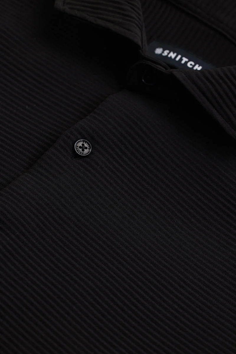 SNITCH Black Ribbed Long Sleeve Slim Fit Casual Shirt