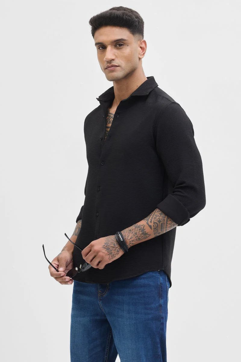 SNITCH Black Ribbed Long Sleeve Slim Fit Casual Shirt