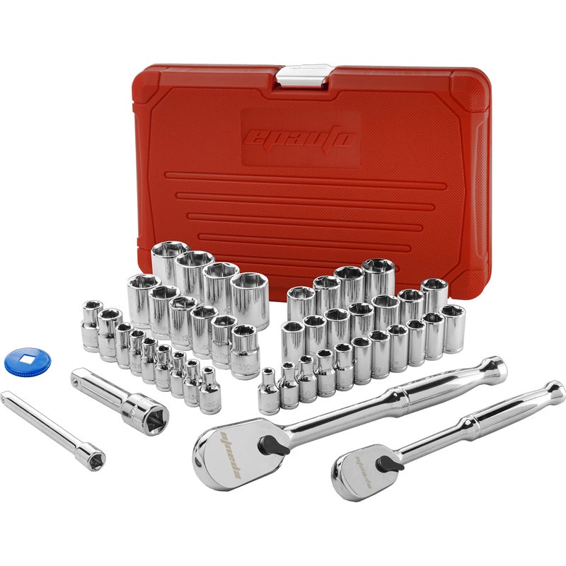 EPAuto 46 Pieces 1/4-Inch and 3/8-Inch Drive Socket Set with 90 Tooth Reversible Ratchet - Image 1