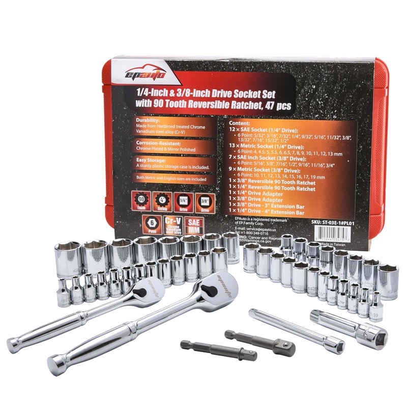 EPAuto 46 Pieces 1/4-Inch and 3/8-Inch Drive Socket Set with 90 Tooth Reversible Ratchet - Image 2