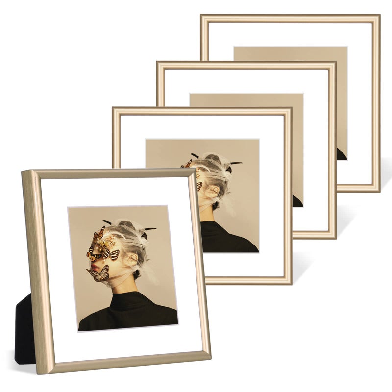 Fkvat 4x4 Picture Frame Set of 4 Matted Brass Simple Modern Brushed Thin Aluminum Metal Square Photo Frame Fits 3x3 with Mat or 4 x 4 without Mat Display For Tabletop or Wall Collage