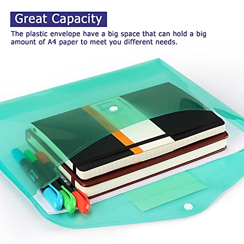 Hutou 6 Pack Clear Document Folders Plastic Envelopes Poly Envelopes File Envelopes with Label Pocket and Snap Button for Home Work Office Organization, Letter Size/A4 Size, 6 Colors - Image 5