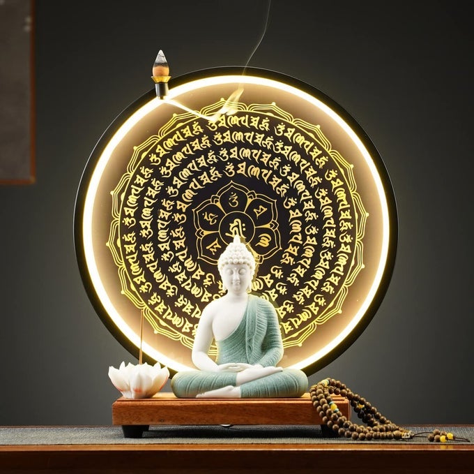 6 INCH GREEN BUDDHA STATUE AND 132 INCH LED CIRCLE TABLE LAMP INDOOR BUDDHA STATUES FOR HOME DCOR