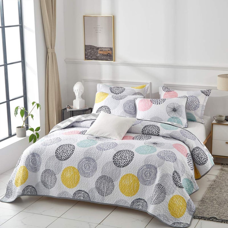UOZZI BEDDING 3 Piece Reversible Quilt Set King Size 102x90 Soft Microfiber Lightweight Coverlet Bedspread Summer Comforter Set Bed Cover Blanket for All Season Colorful Dots (1 Quilt+ 2 Shams) - Image 4