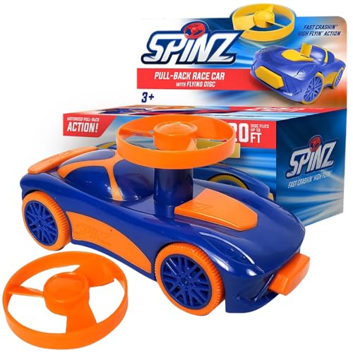 Spinz Race Car with Flying Disc Launcher Pull Back Bumper Toy Racer Kids Boys Girls Gift Orange Blue Ages 3 - Image 1