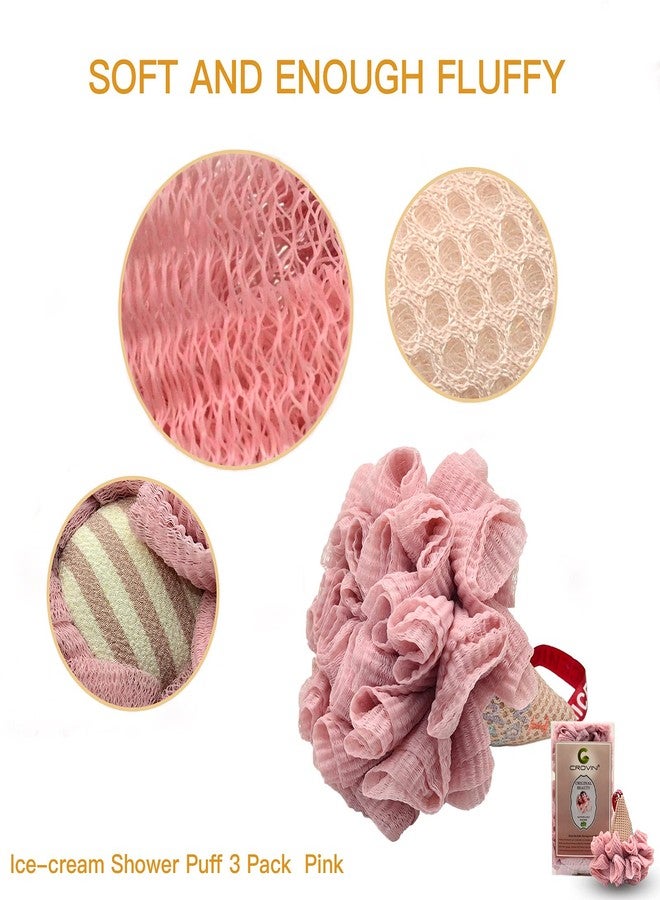 CROVIN Ice Cream Bath Sponge Pouf (Set of 3)-Pink Smooth Exfoliating Shower loofah Pouf Ball Body Scrubber for Women, Children - Image 3