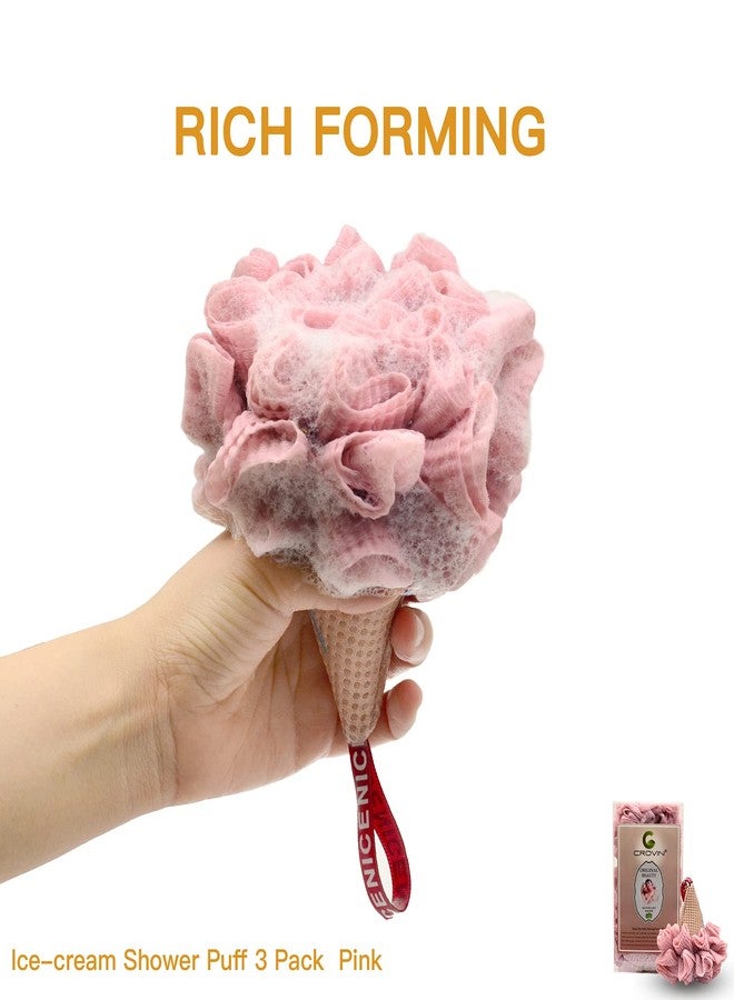 CROVIN Ice Cream Bath Sponge Pouf (Set of 3)-Pink Smooth Exfoliating Shower loofah Pouf Ball Body Scrubber for Women, Children - Image 2