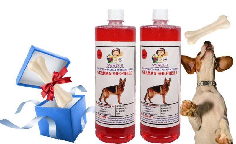 swacch Shampoo | Puppy Safe Shampoo | German Shepherd Dog Shampoo (1 Litre) (Pack of 2) Strawberry + Medium White Bone | Dog Chew Bones | Teething chew Toy | Dental Teething |Combo Pack - Image 1