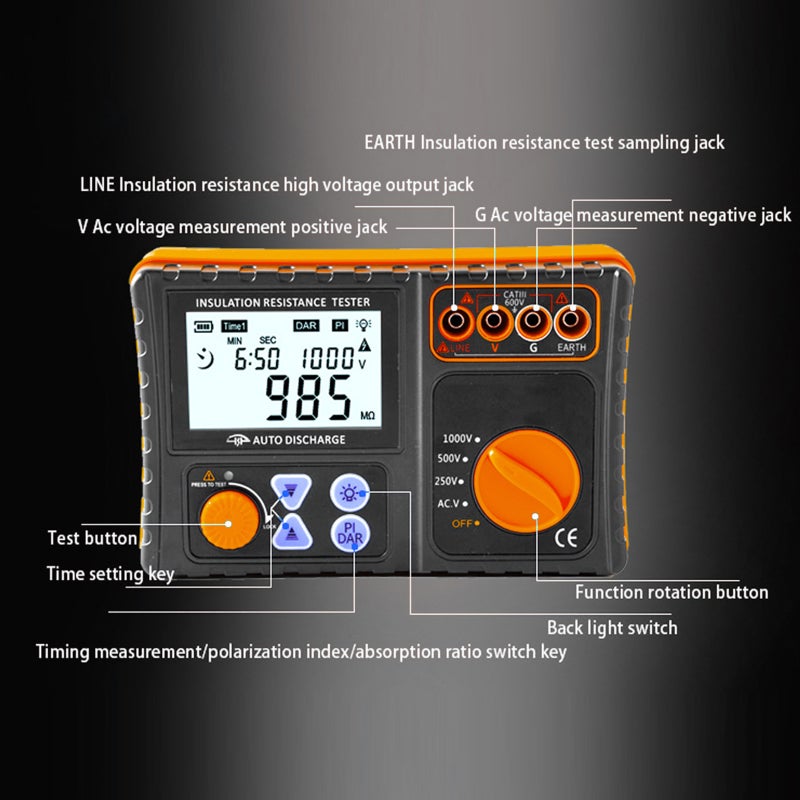 Digital Insulation Resistance Tester, 250V/500V/1000V Megohmmeter LCD Display Insulation Resistance Meter with Backlight Buzzer Alarm - Image 2