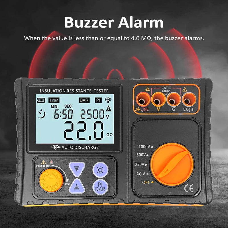 Digital Insulation Resistance Tester, 250V/500V/1000V Megohmmeter LCD Display Insulation Resistance Meter with Backlight Buzzer Alarm - Image 4