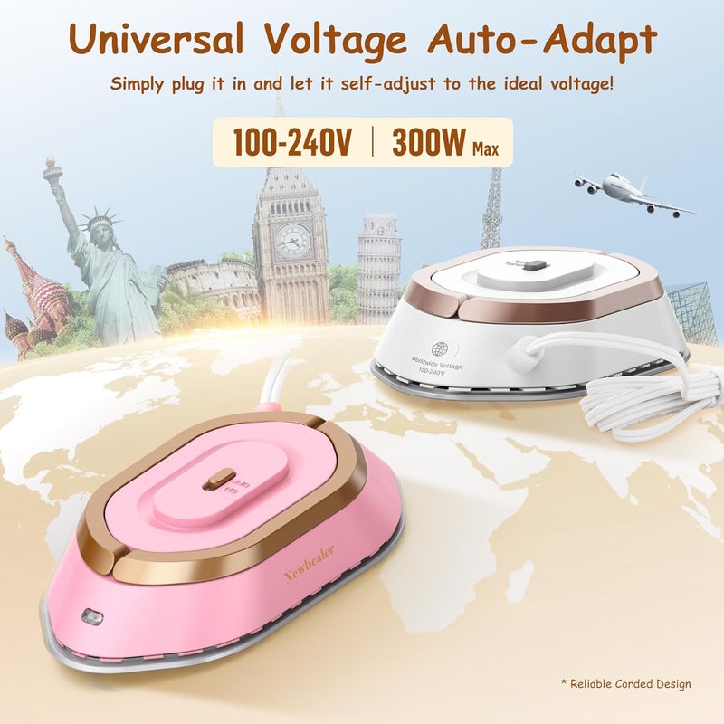 مكواة سفر Newbealer بجهد مزدوج - 120V/220V، مكواة صغيرة للملابس بدون بخار، قاعدة من السيراميك غير لاصقة، آلة ضغط حراري بدرجة حرارة 302°F للخياطة وتصنيع الأغطية، وزن خفيف 0.95 رطل (لون ذهبي) | القدرة القصوى 300 واط، تسخن في غضون 60 ثانية، قاعدة سيراميكية بدرجة حرارة 302°F، مكواة مريحة الاستخدام، وزن خفيف 0.8 رطل للتعديلات السريعة في جميع أنحاء العالم (لون ذهبي) - Image 3