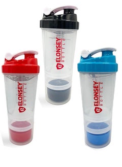 ELONSEY ELONSEY 500ML  Water Bottle with 3-layer Twist and Lock Storage, 100% BPA-Free Leak Proof Fitness Sports Bottle With Straw and Time Markers, Supplements Non-Slip Mix Shake Bottle 