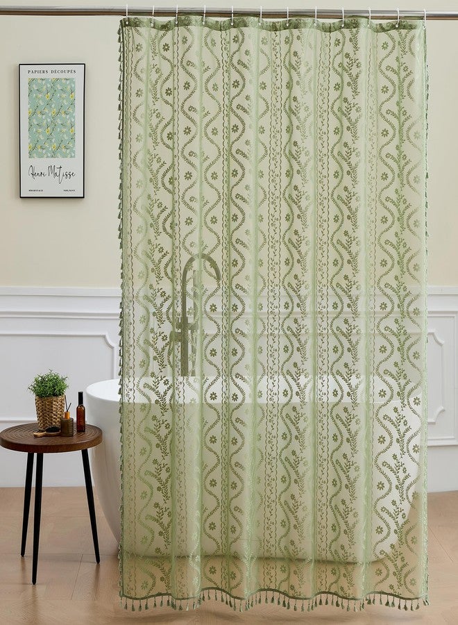 WAZZIO Sage Green Lace Shower Curtain - Vintage Pretty Floral Sheer Shower Curtains, Elegant Decorative Tassel Bath Curtains for Bathroom, 72 x 72 Inch, 1 Piece - Image 1