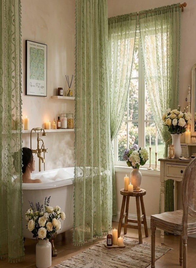 WAZZIO Sage Green Lace Shower Curtain - Vintage Pretty Floral Sheer Shower Curtains, Elegant Decorative Tassel Bath Curtains for Bathroom, 72 x 72 Inch, 1 Piece - Image 4
