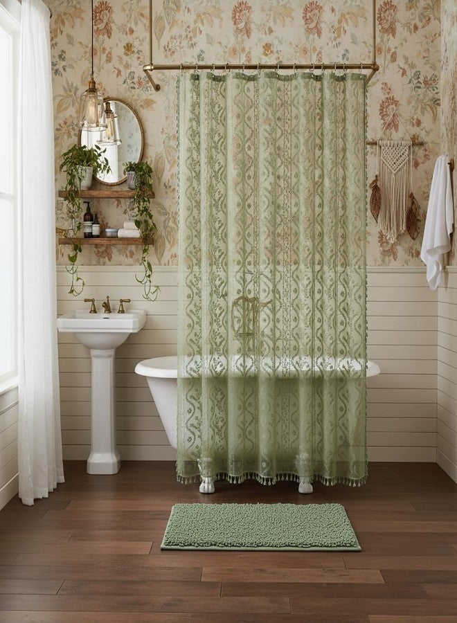 WAZZIO Sage Green Lace Shower Curtain - Vintage Pretty Floral Sheer Shower Curtains, Elegant Decorative Tassel Bath Curtains for Bathroom, 72 x 72 Inch, 1 Piece - Image 3