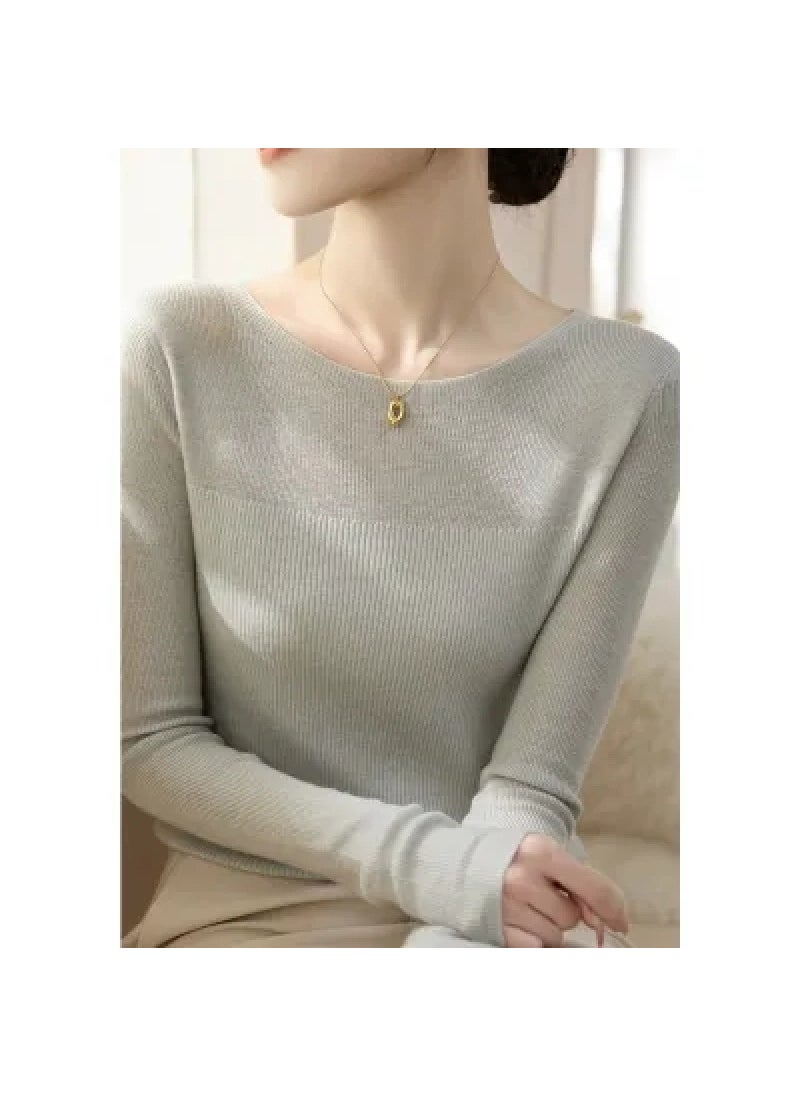 Generic - New Womens Long Sleeve Sweater Top Solid Color Versatile Design Sensibility Knitted Inner Base Layer One-Row Collar Pullover Dark brown - Image 1