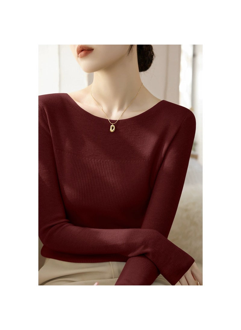 Generic - New Womens Long Sleeve Sweater Top Solid Color Versatile Design Sensibility Knitted Inner Base Layer One-Row Collar Pullover Dark brown - Image 1