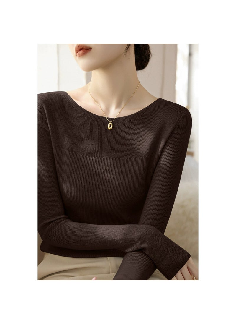 Generic - New Womens Long Sleeve Sweater Top Solid Color Versatile Design Sensibility Knitted Inner Base Layer One-Row Collar Pullover Dark brown - Image 1
