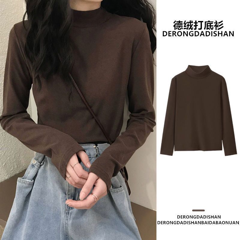 De Velvet Mock Collar Base Shirt Women'S Inner Wear Inner Wear New Long-Sleeved T-Shirt Slim Warm Top Wear Outer Wear - Image 3