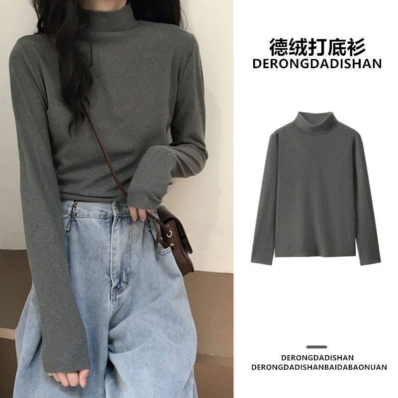 De Velvet Mock Collar Base Shirt Women'S Inner Wear Inner Wear New Long-Sleeved T-Shirt Slim Warm Top Wear Outer Wear - Image 5