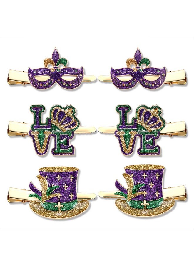 Boderier 6 Pack Mardi Gras Hair Clip Glitter Mask Love Hat Hair Clips Hair Barrette Hair Accessories For Women (Love Mask Hat)  - Image 1